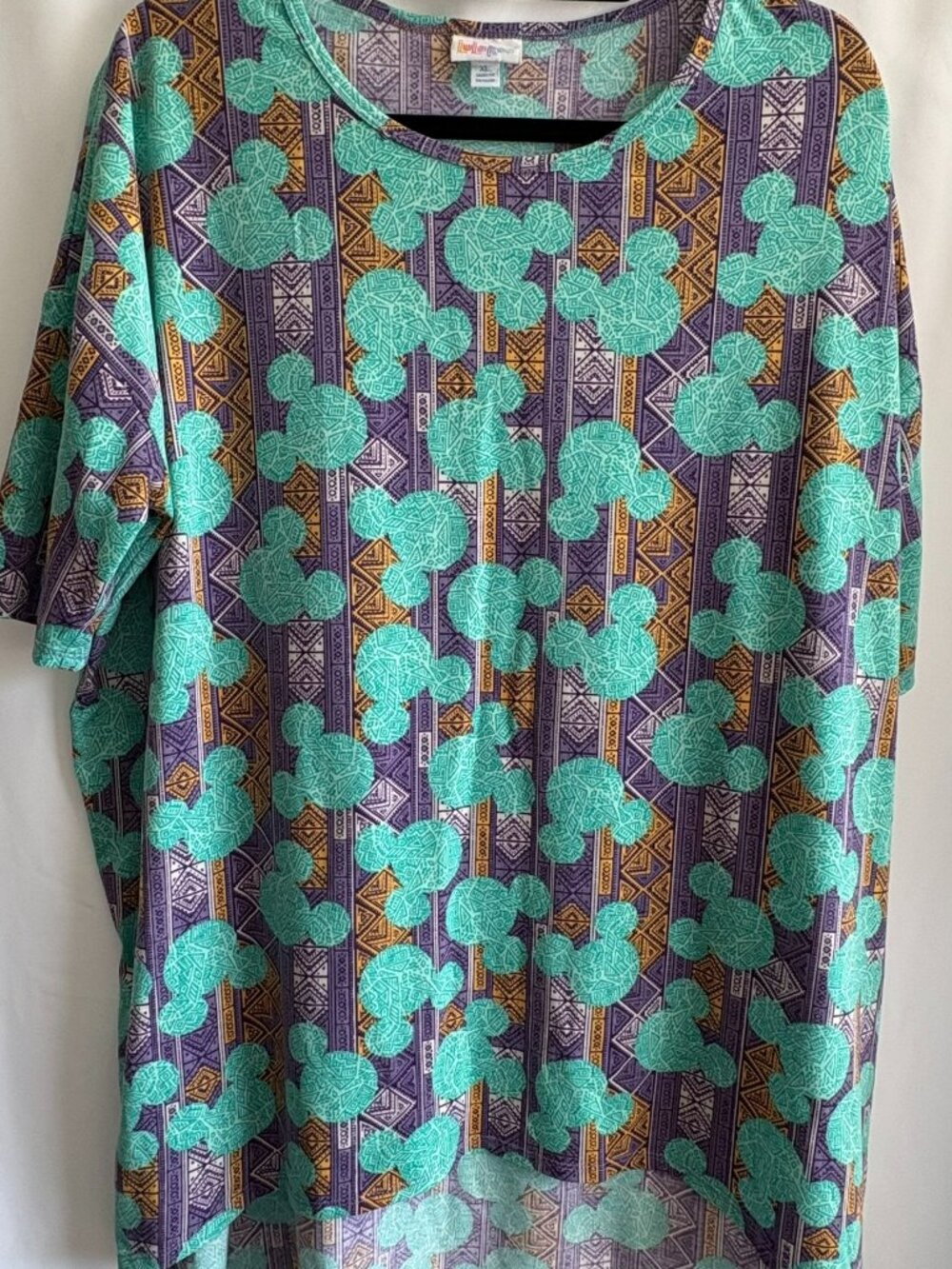 LuLaRoe Irma XL Green Mickey Head Purple Geometric Disney Top